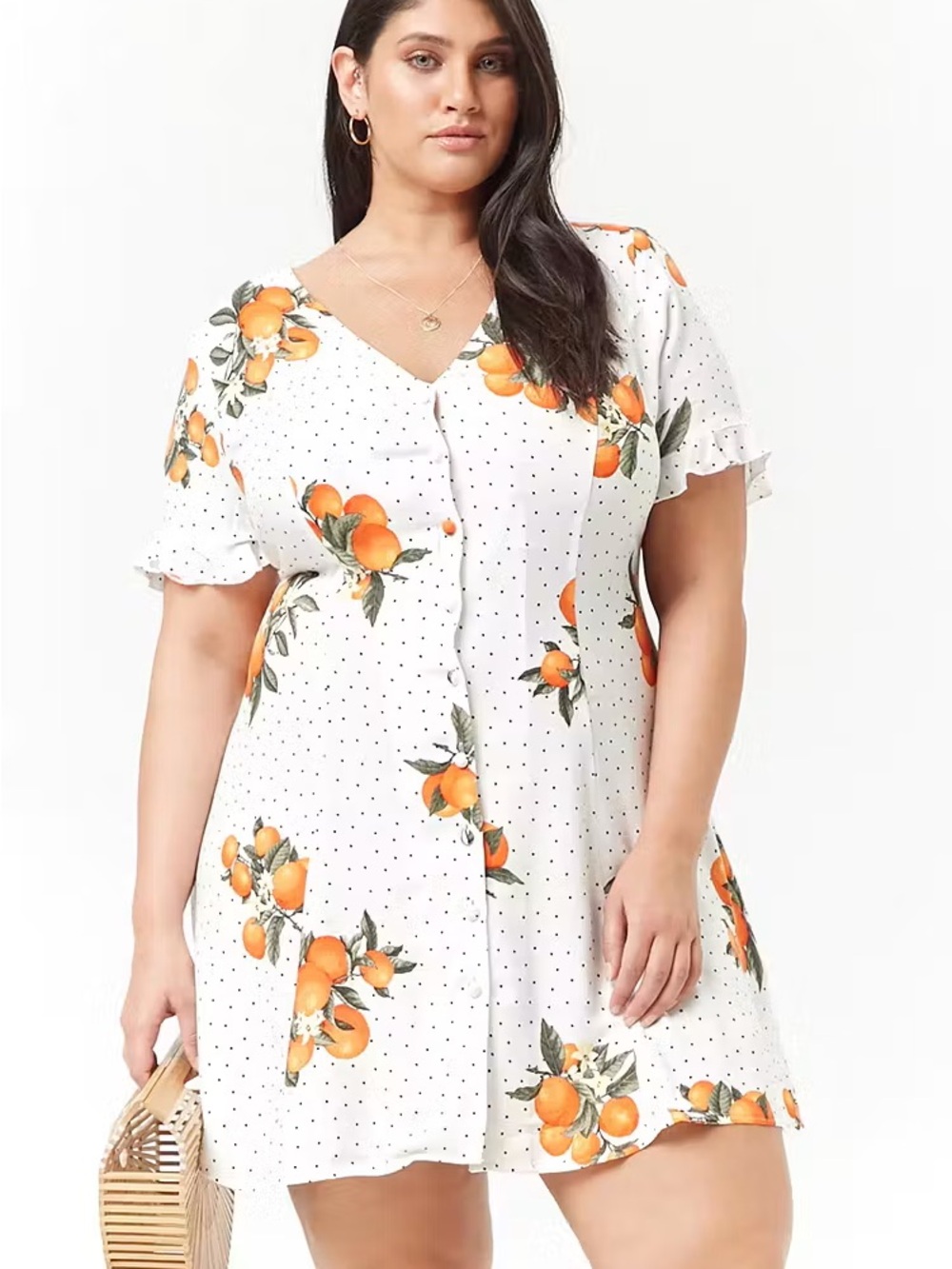 Forever 21 White Mini Dress with Orange Fruit + Dot Print